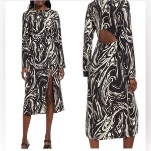 Open Edit MARBLED LONG SLEEVE MIDI DRESS BLACK SWIRL MARBLE open back pockets